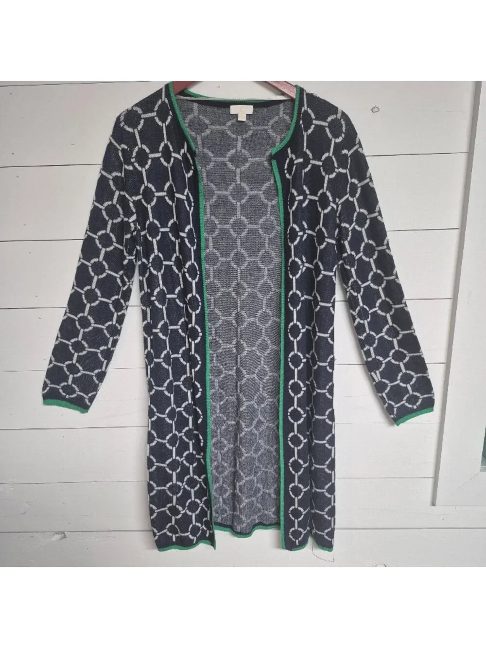C by Bloomingdales Women's Navy & White Chain Pattern Open Front Cardigan - Picture 1 of 7